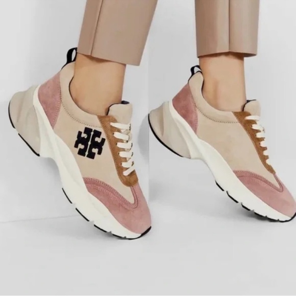 Tory Burch Pink Suede & Beige Suede Platform Sneakers with Black Logo - Picture 3 of 6